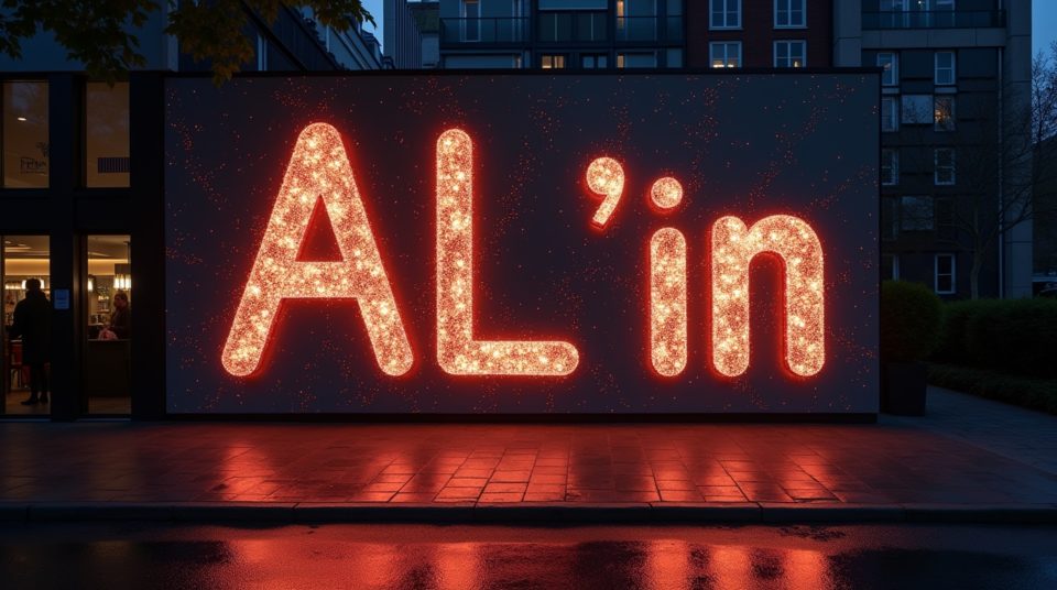 Façade avec le mot 'AL'in' ingénieusement illuminé représentant la puissance créative de l'art.
