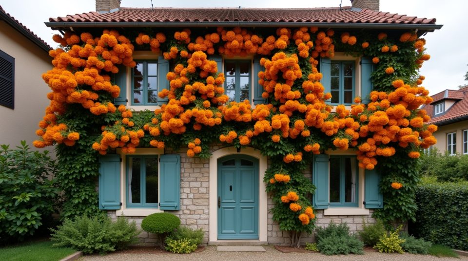 Façade de maison ancienne recouverte d'une floraison éclatante de bignone