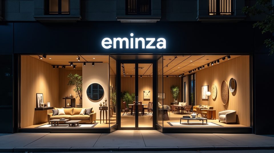 Facade de la boutique Eminza illuminée pendant la nuit