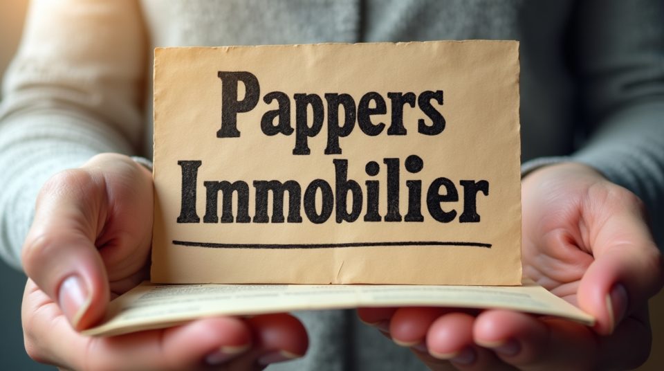 Immeuble impressionnant, mains tenant des papiers d'immobilier, 'Pappers Immobilier' en superposition.