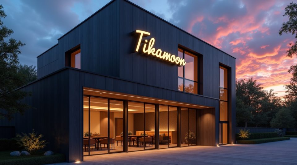 Façade moderne Tikamoon sous un coucher de soleil vif