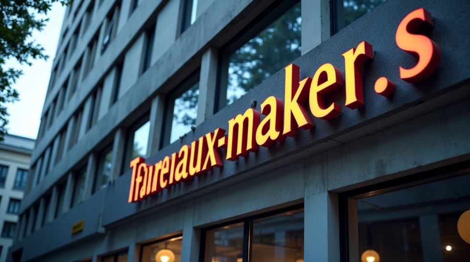 Façade d'un bâtiment professionnel avec l'inscription Travauxmakers.fr