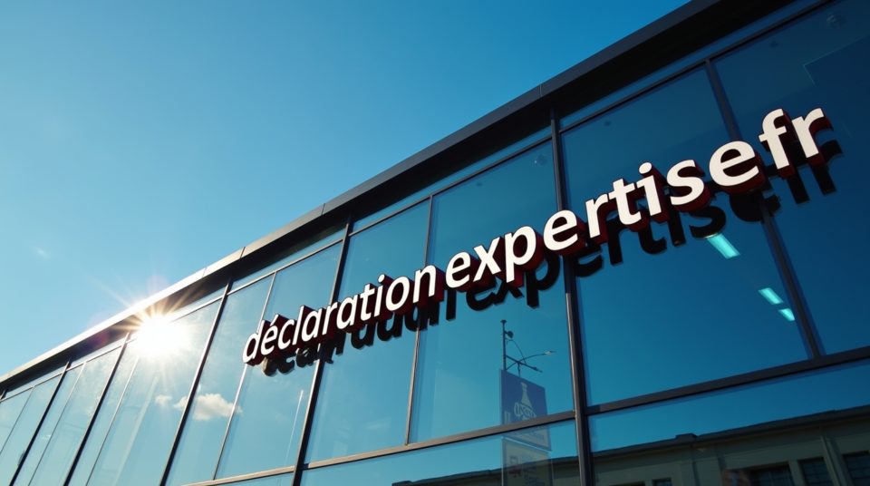 Façade moderne avec le nom 'declarationexpertise.fr', sous un ciel bleu