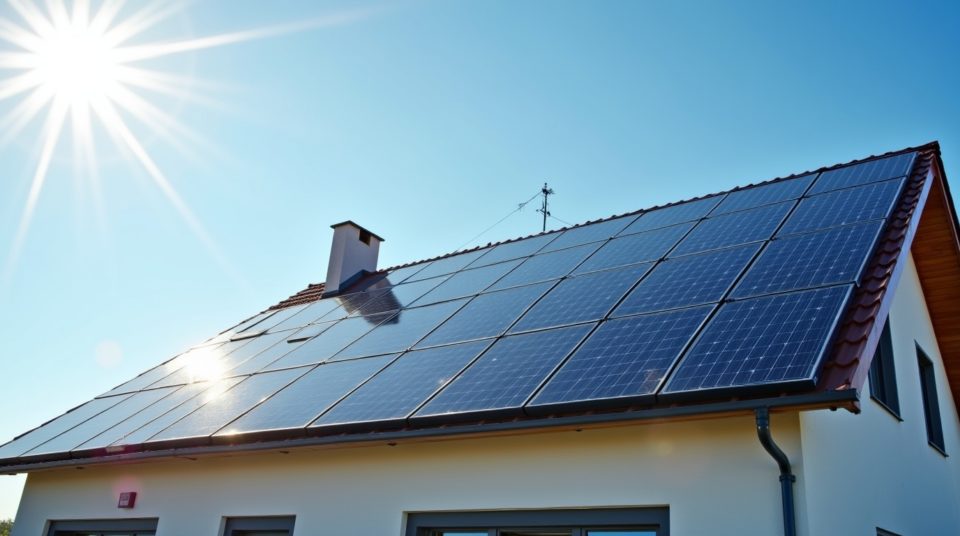 Maison moderne avec panneaux solaires, ciel bleu, compteur EDF Tempo