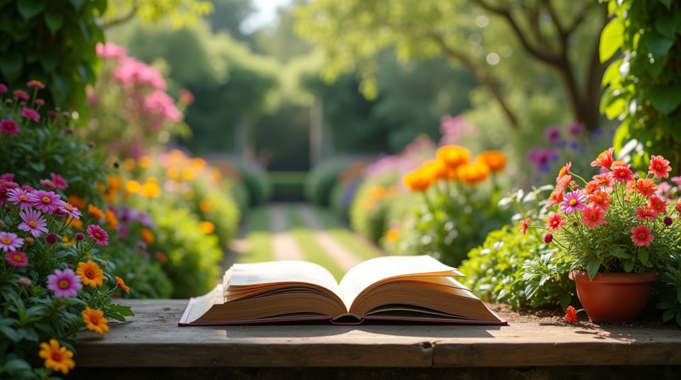 Un livre ouvert marqué 'Jardipedia' dans un jardin luxuriant