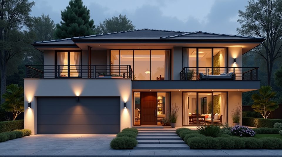 Façade de maison moderne avec logo Kozikaza, éclairage doux, symbole de qualité et de confort