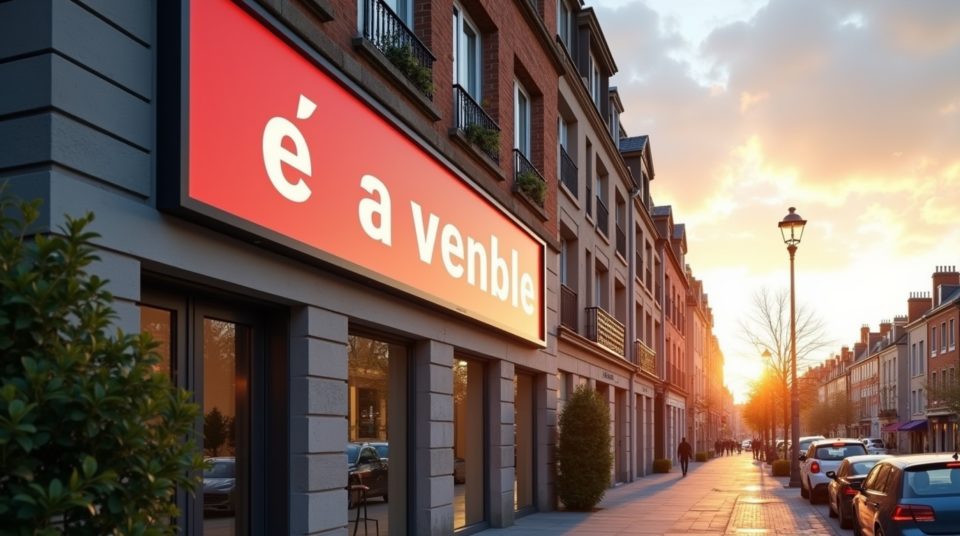 Façade majestueuse en vente avec logo Ouest-France Immobilier, soleil couchant.