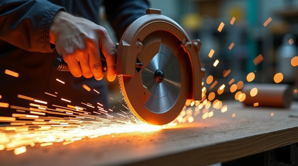 Scie circulaire Racetools coupant du bois avec précision dans un atelier lumineux