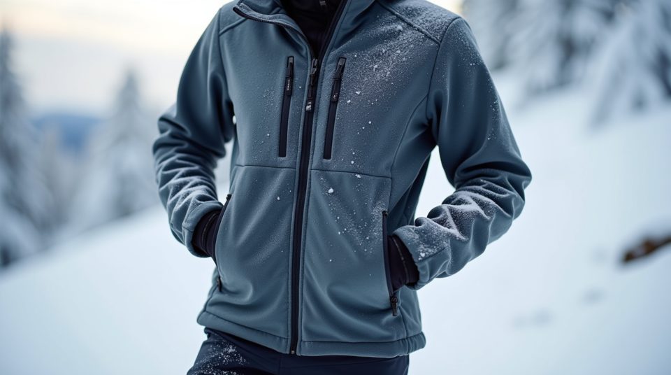 Veste softshell Modyf au premier plan sur fond de montagnes enneigées, soulignant la haute qualité et l'imperméabilité de la veste.