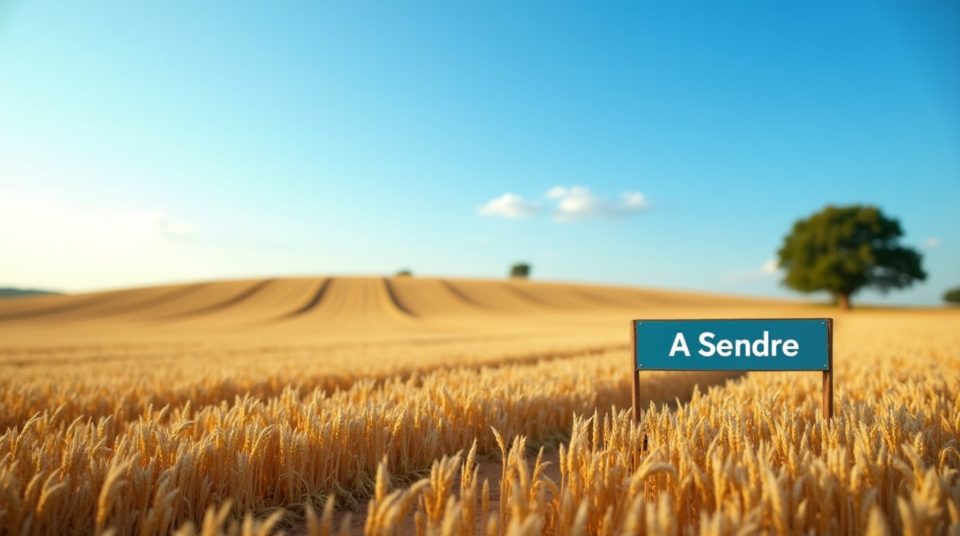 Terrain agricole fertile avec panneau 'A Vendre' sous un ciel bleu