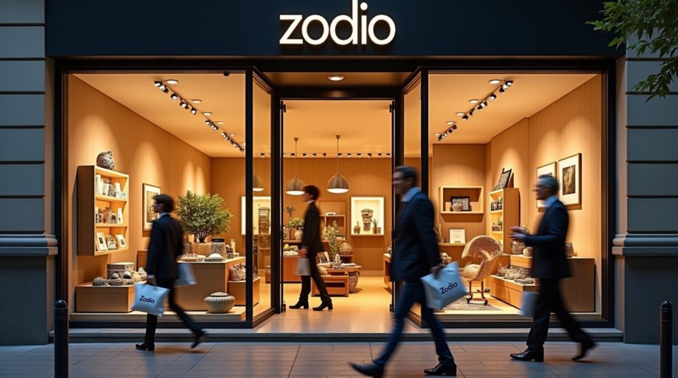 Facade illuminée du magasin Zodio, des personnes sortant avec des sacs d'achats.